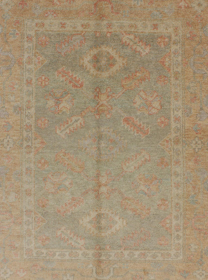 Turkish New Oushak Rug with Green, Neutral Colors and All - Over Flower Design kwarugs New Turkish Oushak rug with green and neutral color palette and all - over flower design, rug en - 302, country of origin / type: Turkey / Oushak This tradit... - Keivan Woven ArtsEN - 302 - 4378Rug