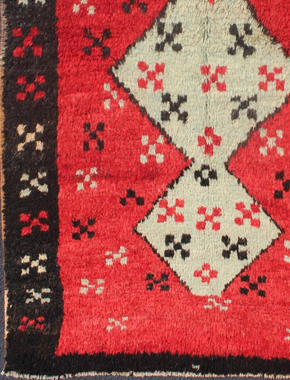Unique Turkish Tulu Rug With Cream Medallions Red Background Chocolate Border. Midcentury Turkish Tulu rug with diamond design in beautiful red, Ivory, and dark brown/ black color border, rug EN - 304, country of origin / type: Turkey / Tulu, circa ... - Keivan Woven ArtsEN - 304 - 4382Rug