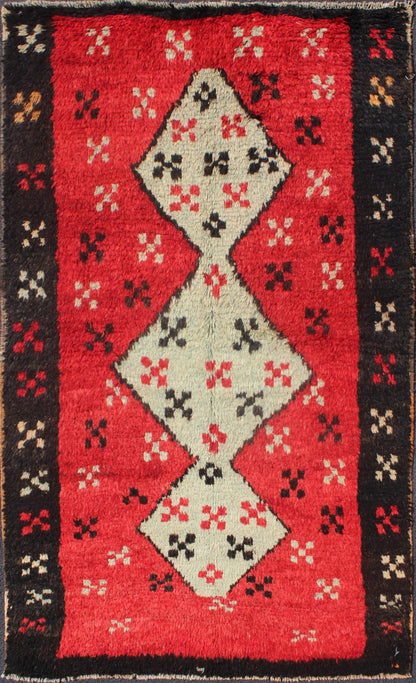Unique Turkish Tulu Rug With Cream Medallions Red Background Chocolate Border. Midcentury Turkish Tulu rug with diamond design in beautiful red, Ivory, and dark brown/ black color border, rug EN - 304, country of origin / type: Turkey / Tulu, circa ... - Keivan Woven ArtsEN - 304 - 4382Rug