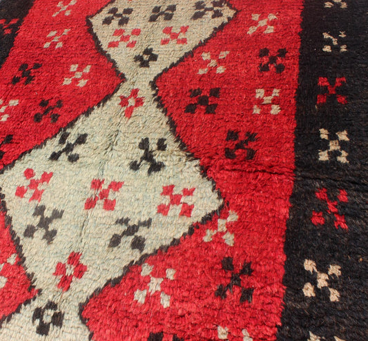 Unique Turkish Tulu Rug With Cream Medallions Red Background Chocolate Border. Midcentury Turkish Tulu rug with diamond design in beautiful red, Ivory, and dark brown/ black color border, rug EN - 304, country of origin / type: Turkey / Tulu, circa ... - Keivan Woven ArtsEN - 304 - 4382Rug