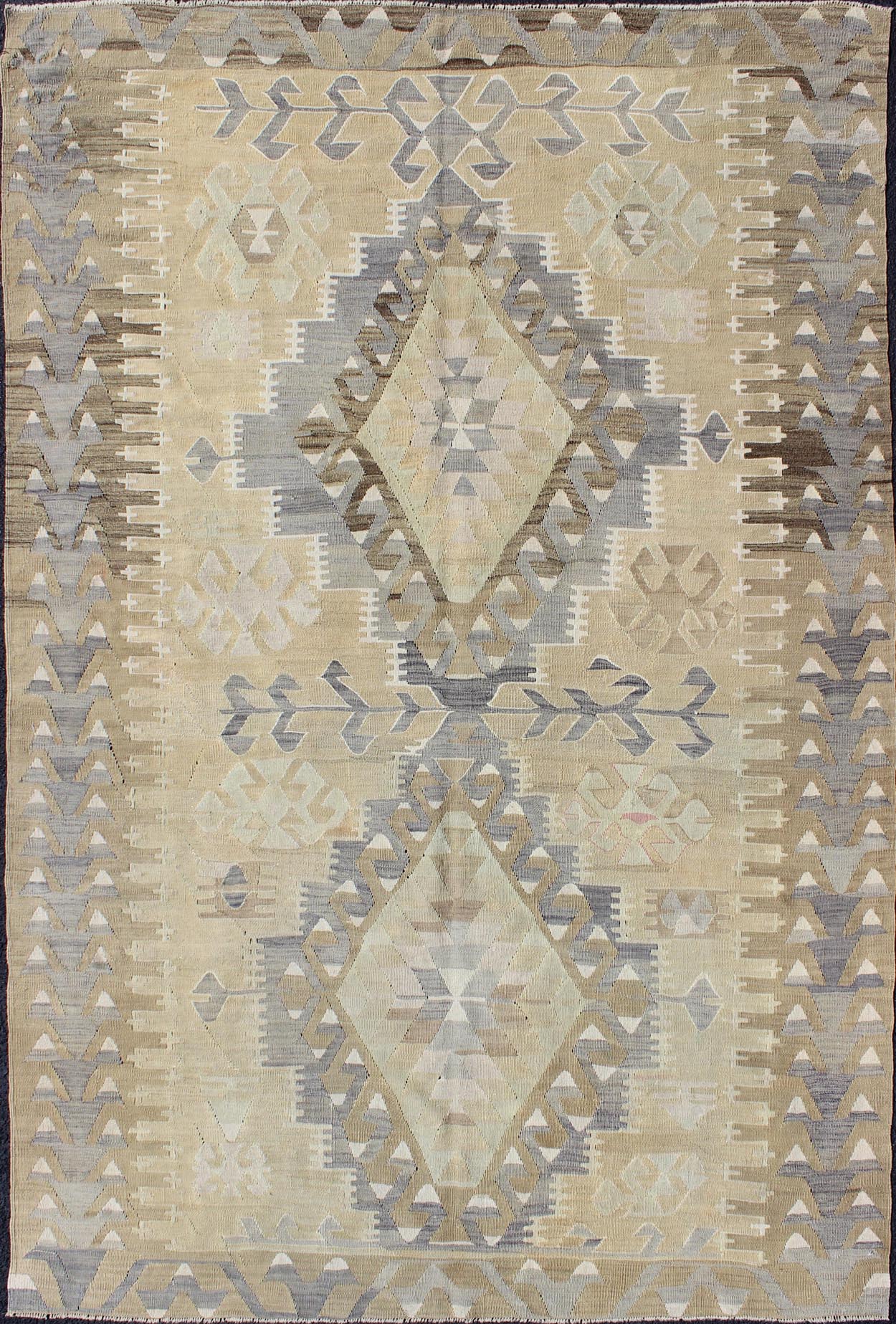 Vintage Tribal Kilim With Geometric Design in Taupe, Honey, Lavender, Gray & Tan. Keivan Woven Arts - Tribal vintage Kilim with geometric design in warm tone background and border, taupe, gray and tan rug EN - 305, country of origin / type: Turkey / Ki... - Keivan Woven ArtsEN - 305 - 4386Rug