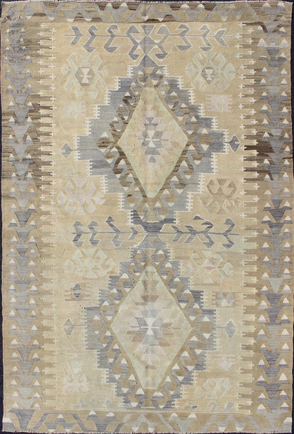 Vintage Tribal Kilim With Geometric Design in Taupe, Honey, Lavender, Gray & Tan. Keivan Woven Arts - Tribal vintage Kilim with geometric design in warm tone background and border, taupe, gray and tan rug EN - 305, country of origin / type: Turkey / Ki... - Keivan Woven ArtsEN - 305 - 4386Rug