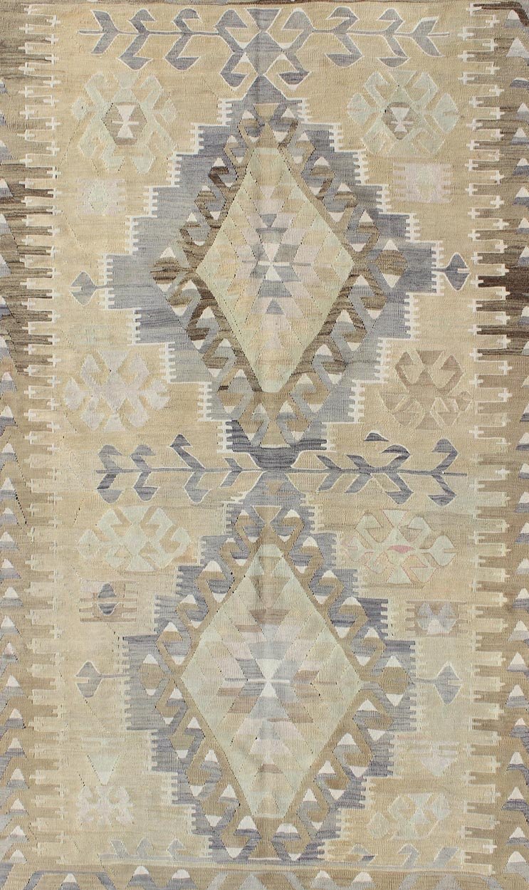Vintage Tribal Kilim With Geometric Design in Taupe, Honey, Lavender, Gray & Tan. Keivan Woven Arts - Tribal vintage Kilim with geometric design in warm tone background and border, taupe, gray and tan rug EN - 305, country of origin / type: Turkey / Ki... - Keivan Woven ArtsEN - 305 - 4386Rug