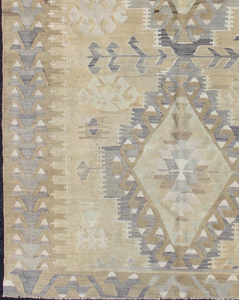 Vintage Tribal Kilim With Geometric Design in Taupe, Honey, Lavender, Gray & Tan. Keivan Woven Arts - Tribal vintage Kilim with geometric design in warm tone background and border, taupe, gray and tan rug EN - 305, country of origin / type: Turkey / Ki... - Keivan Woven ArtsEN - 305 - 4386Rug