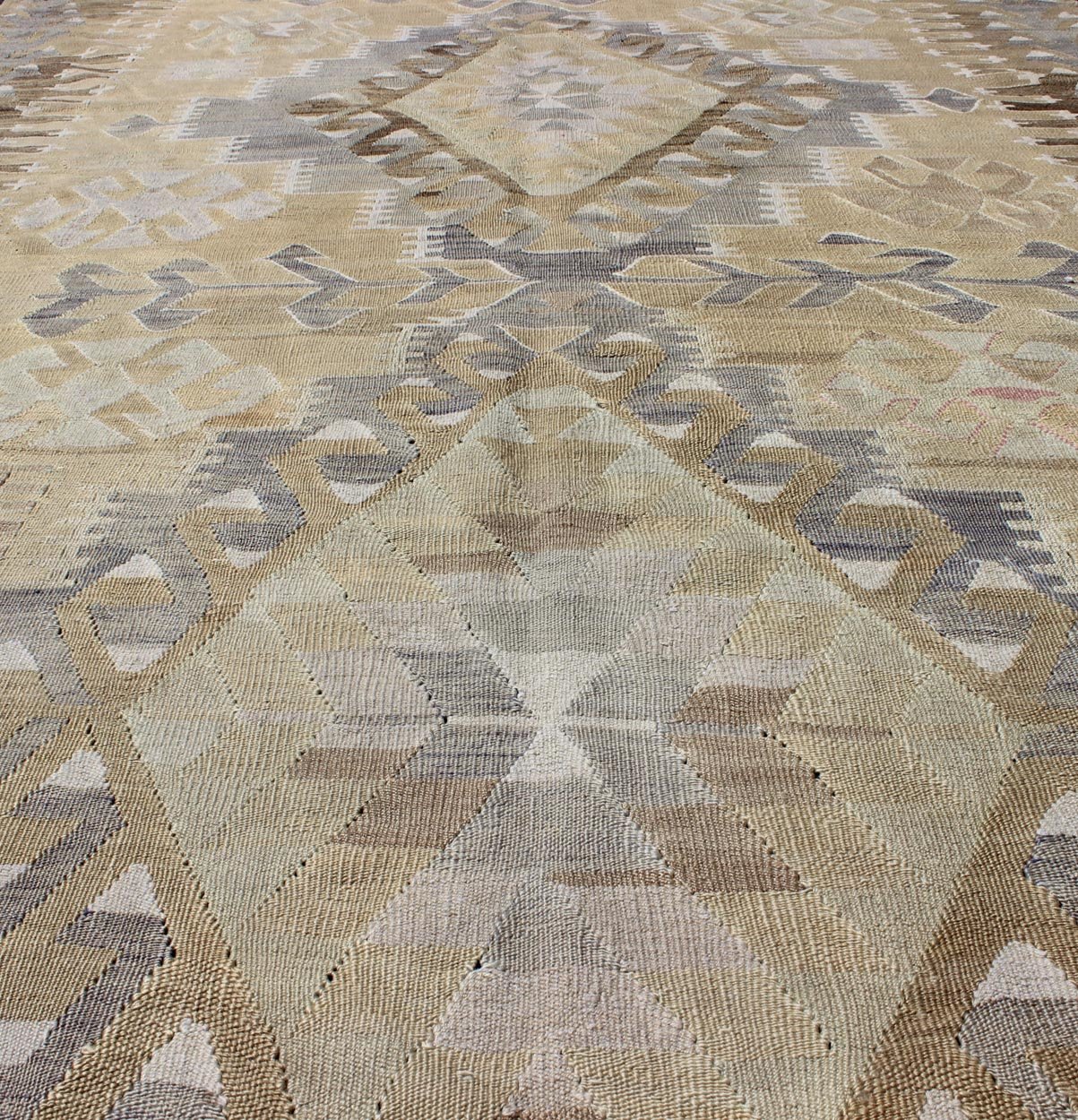 Vintage Tribal Kilim With Geometric Design in Taupe, Honey, Lavender, Gray & Tan. Keivan Woven Arts - Tribal vintage Kilim with geometric design in warm tone background and border, taupe, gray and tan rug EN - 305, country of origin / type: Turkey / Ki... - Keivan Woven ArtsEN - 305 - 4386Rug