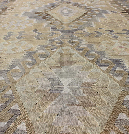 Vintage Tribal Kilim With Geometric Design in Taupe, Honey, Lavender, Gray & Tan. Keivan Woven Arts - Tribal vintage Kilim with geometric design in warm tone background and border, taupe, gray and tan rug EN - 305, country of origin / type: Turkey / Ki... - Keivan Woven ArtsEN - 305 - 4386Rug