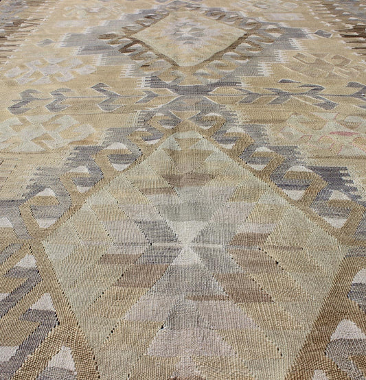 Vintage Tribal Kilim With Geometric Design in Taupe, Honey, Lavender, Gray & Tan. Keivan Woven Arts - Tribal vintage Kilim with geometric design in warm tone background and border, taupe, gray and tan rug EN - 305, country of origin / type: Turkey / Ki... - Keivan Woven ArtsEN - 305 - 4386Rug