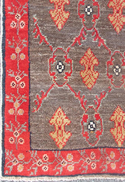 Vintage Turkish Tulu Rug with a Modern Design in Gray Background & Red Border. Vintage Turkish Tulu rug with a modern design in charcoal background All - over design vintage Turkish modern rug EN - 306, country of origin / type: Turkey / Oushak, cir... - Keivan Woven ArtsEN - 306 - 4390Rug