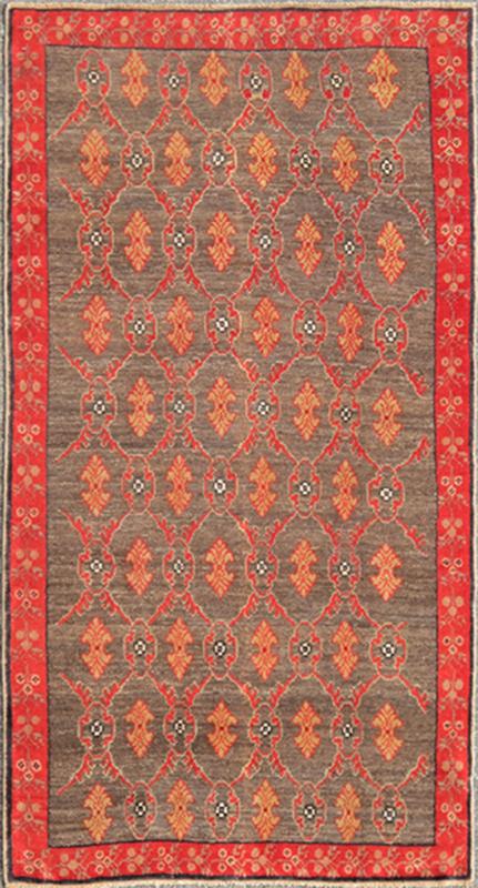 Vintage Turkish Tulu Rug with a Modern Design in Gray Background & Red Border. Vintage Turkish Tulu rug with a modern design in charcoal background All - over design vintage Turkish modern rug EN - 306, country of origin / type: Turkey / Oushak, cir... - Keivan Woven ArtsEN - 306 - 4390Rug
