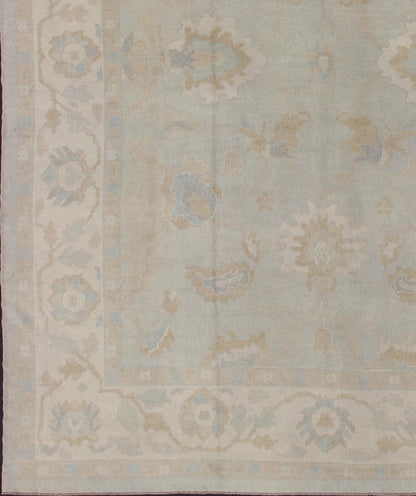 Large Turkish Oushak rug with pastel colors and Botanical design, rug en - 3266, country of origin / type: Turkey / Oushak, circa 1980. This vintage Turkish Oushak rug is remarkably elegant in both color and design. The central field of light gray... - Keivan Woven ArtsEN - 3266 - 5981Rug