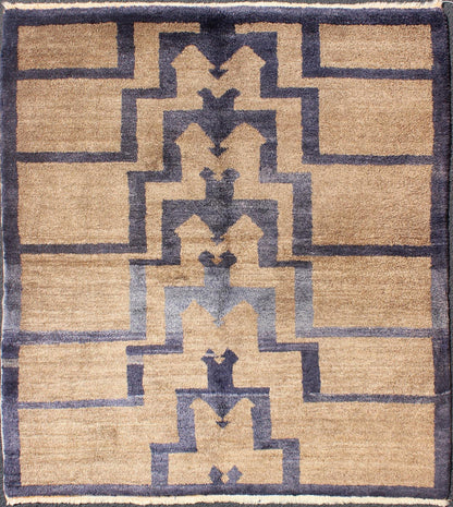 Square Mid - Century Modern Tulu Turkish Tulu with Tribal Pattern in Blue and Tan. This vintage Tulu from mid - 20th century Turkey boasts a mid century modern design with interconnected tribal pattern. The multi - tiered pattern consists of blue des... - Keivan Woven ArtsEN - 3306 - 5488Rug
