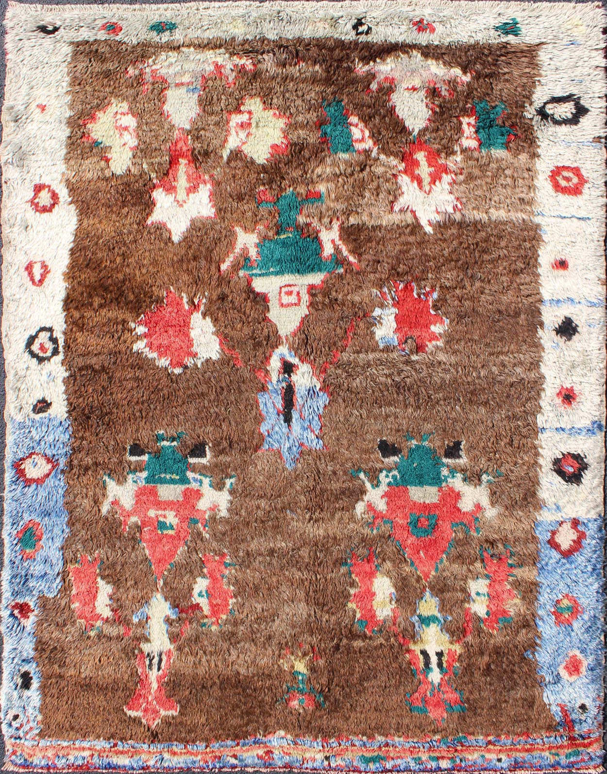 Colorful Antique Tulu Rug with Angora Wool Blend and Modern Tribal Design. Keivan Woven Arts Rug / EN - 3307. Mid - 20th Century Turkish Tulu Rug. Measures: 4'1 x 5'5. This antique Tulu rug showcases a free - spirited design with stunning colors of blu... - Keivan Woven ArtsEN - 3307 - 5492Rug