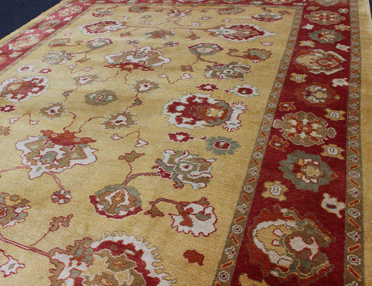 Turkish Oushak Rug with Red and Gold Color Palette and All - Over Flower Design. Turkish Oushak Rug, Keivan Woven Arts / rug EN - 340, country of origin / type: Turkey / Oushak. Measures: 10'10 x 15'. This traditional Oushak rug from Turkey f... - Keivan Woven ArtsEN - 340 - 4406Rug