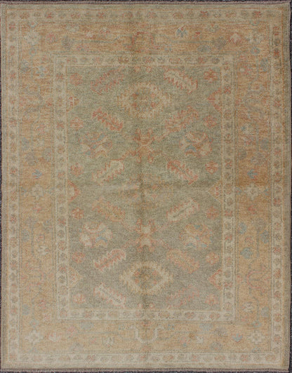 Turkish Oushak Reproduction Rug with Garden Design Floral Reproduction Oushak Rug from Turkey, rug EN - 345, country of origin / type: Turkey / Oushak, circa 2000 This reproduction Turkish Oushak rug features a garden - inspired design of va... - Keivan Woven ArtsEN - 345 - 4412Rug