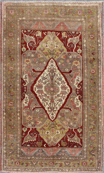 Turkish Oushak Reproduction Rug with Geometric Motifs in Green. rug/ - en - 3451 origin/turkey kwarugs This unique, vintage Turkish Oushak rug features a unique blend of colors and an intricately beautiful design. The central medallion is complement... - Keivan Woven ArtsEN - 3451 - 4402Rug