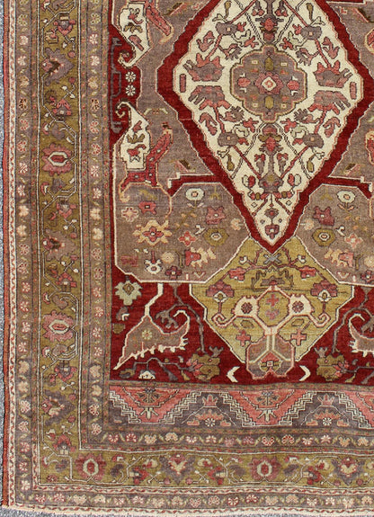 Turkish Oushak Reproduction Rug with Geometric Motifs in Green. rug/ - en - 3451 origin/turkey kwarugs This unique, vintage Turkish Oushak rug features a unique blend of colors and an intricately beautiful design. The central medallion is complement... - Keivan Woven ArtsEN - 3451 - 4402Rug
