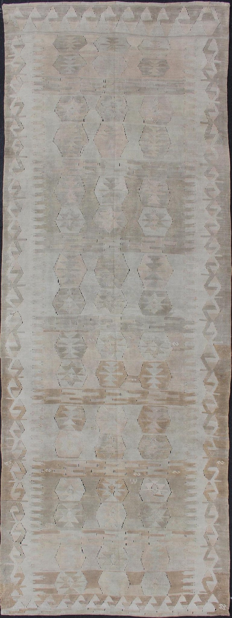 Cream, Brown, and Green Hand Woven Antique Turkish Kilim Flat - Weave Gallery Runner Geometric design flat - weave Kilim antique runner from Turkey in neutral, muted colors, Keivan Woven Arts / rug en - 359, country of origin / type: Turkey / Kilim, c... - Keivan Woven ArtsEN - 359 - 11163Rug