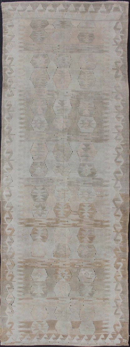 Cream, Brown, and Green Hand Woven Antique Turkish Kilim Flat - Weave Gallery Runner Geometric design flat - weave Kilim antique runner from Turkey in neutral, muted colors, Keivan Woven Arts / rug en - 359, country of origin / type: Turkey / Kilim, c... - Keivan Woven ArtsEN - 359 - 11163Rug