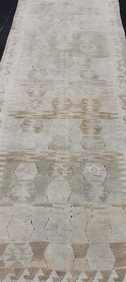 Cream, Brown, and Green Hand Woven Antique Turkish Kilim Flat - Weave Gallery Runner Geometric design flat - weave Kilim antique runner from Turkey in neutral, muted colors, Keivan Woven Arts / rug en - 359, country of origin / type: Turkey / Kilim, c... - Keivan Woven ArtsEN - 359 - 11163Rug