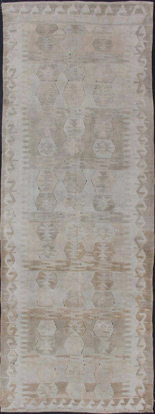 Cream, Brown, and Green Hand Woven Antique Turkish Kilim Flat - Weave Gallery Runner Geometric design flat - weave Kilim antique runner from Turkey in neutral, muted colors, Keivan Woven Arts / rug en - 359, country of origin / type: Turkey / Kilim, c... - Keivan Woven ArtsEN - 359 - 11163