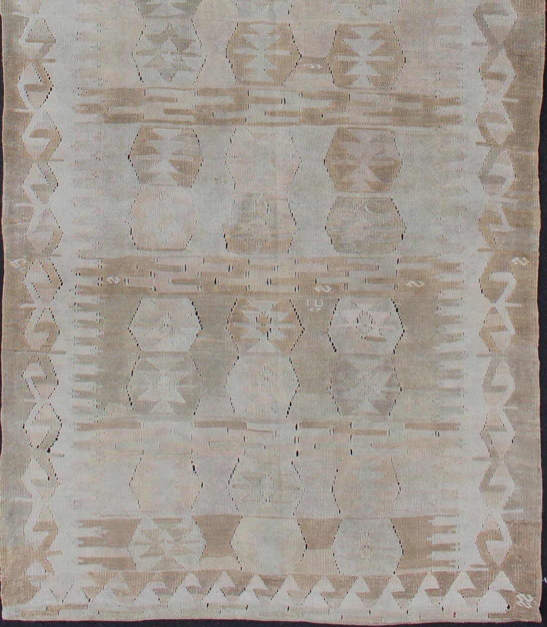 Cream, Brown, and Green Hand Woven Antique Turkish Kilim Flat - Weave Gallery Runner Geometric design flat - weave Kilim antique runner from Turkey in neutral, muted colors, Keivan Woven Arts / rug en - 359, country of origin / type: Turkey / Kilim, c... - Keivan Woven ArtsEN - 359 - 11163Rug