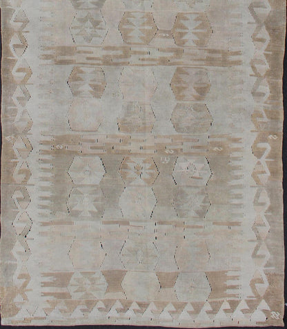 Cream, Brown, and Green Hand Woven Antique Turkish Kilim Flat - Weave Gallery Runner Geometric design flat - weave Kilim antique runner from Turkey in neutral, muted colors, Keivan Woven Arts / rug en - 359, country of origin / type: Turkey / Kilim, c... - Keivan Woven ArtsEN - 359 - 11163Rug