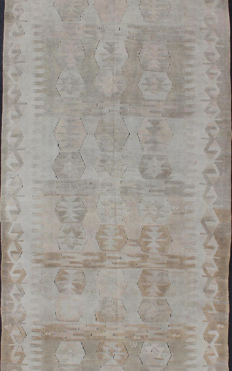 Cream, Brown, and Green Hand Woven Antique Turkish Kilim Flat - Weave Gallery Runner Geometric design flat - weave Kilim antique runner from Turkey in neutral, muted colors, Keivan Woven Arts / rug en - 359, country of origin / type: Turkey / Kilim, c... - Keivan Woven ArtsEN - 359 - 11163Rug