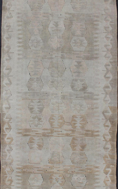 Cream, Brown, and Green Hand Woven Antique Turkish Kilim Flat - Weave Gallery Runner Geometric design flat - weave Kilim antique runner from Turkey in neutral, muted colors, Keivan Woven Arts / rug en - 359, country of origin / type: Turkey / Kilim, c... - Keivan Woven ArtsEN - 359 - 11163Rug