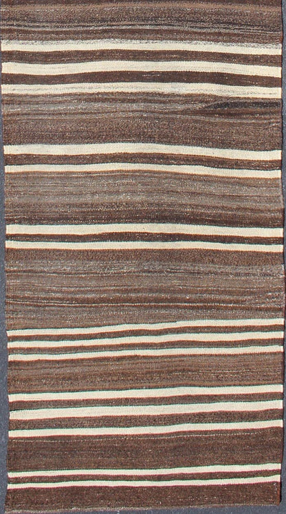 Modern Kilim Flat - Weave Runner with Brown and Ivory Stripes Vintage Kilim runner from Turkey with minimalist stripes in brown and ivory. Keivan Woven Arts / rug EN - 39 - 1, country of origin / type: Turkey / Kilim, circa 1950. This modern - de... - Keivan Woven ArtsEN - 39 - 1 - 11356Rug