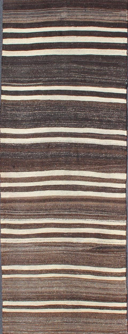 Modern Kilim Flat - Weave Runner with Brown and Ivory Stripes Vintage Kilim runner from Turkey with minimalist stripes in brown and ivory. Keivan Woven Arts / rug EN - 39 - 1, country of origin / type: Turkey / Kilim, circa 1950. This modern - de... - Keivan Woven ArtsEN - 39 - 1 - 11356Rug