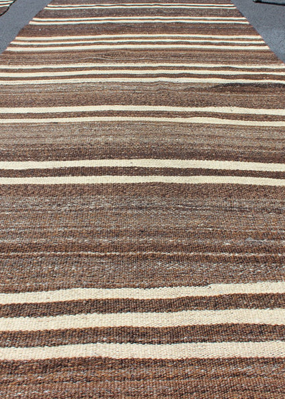 Modern Kilim Flat - Weave Runner with Brown and Ivory Stripes Vintage Kilim runner from Turkey with minimalist stripes in brown and ivory. Keivan Woven Arts / rug EN - 39 - 1, country of origin / type: Turkey / Kilim, circa 1950. This modern - de... - Keivan Woven ArtsEN - 39 - 1 - 11356Rug