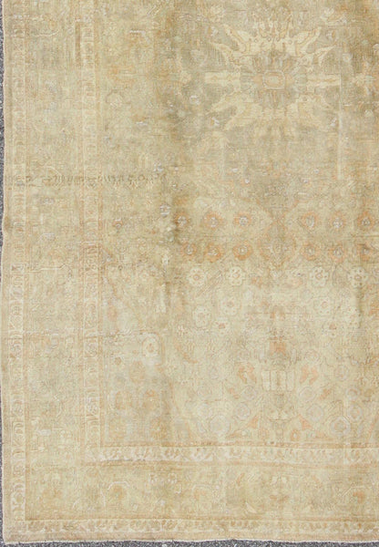 Faded Vintage Turkish Oushak Rug with Medallion, Florals and Taupe Background, rug en - 3960, country of origin / type: Turkey / Oushak, circa mid - 20th century This faded vintage Oushak rug (circa mid - 20th century) features an intricately beautifu... - Keivan Woven ArtsEN - 3960 - 110Rug