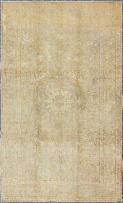 Faded Vintage Turkish Oushak Rug with Medallion, Florals and Taupe Background, rug en - 3960, country of origin / type: Turkey / Oushak, circa mid - 20th century This faded vintage Oushak rug (circa mid - 20th century) features an intricately beautifu... - Keivan Woven ArtsEN - 3960 - 110Rug