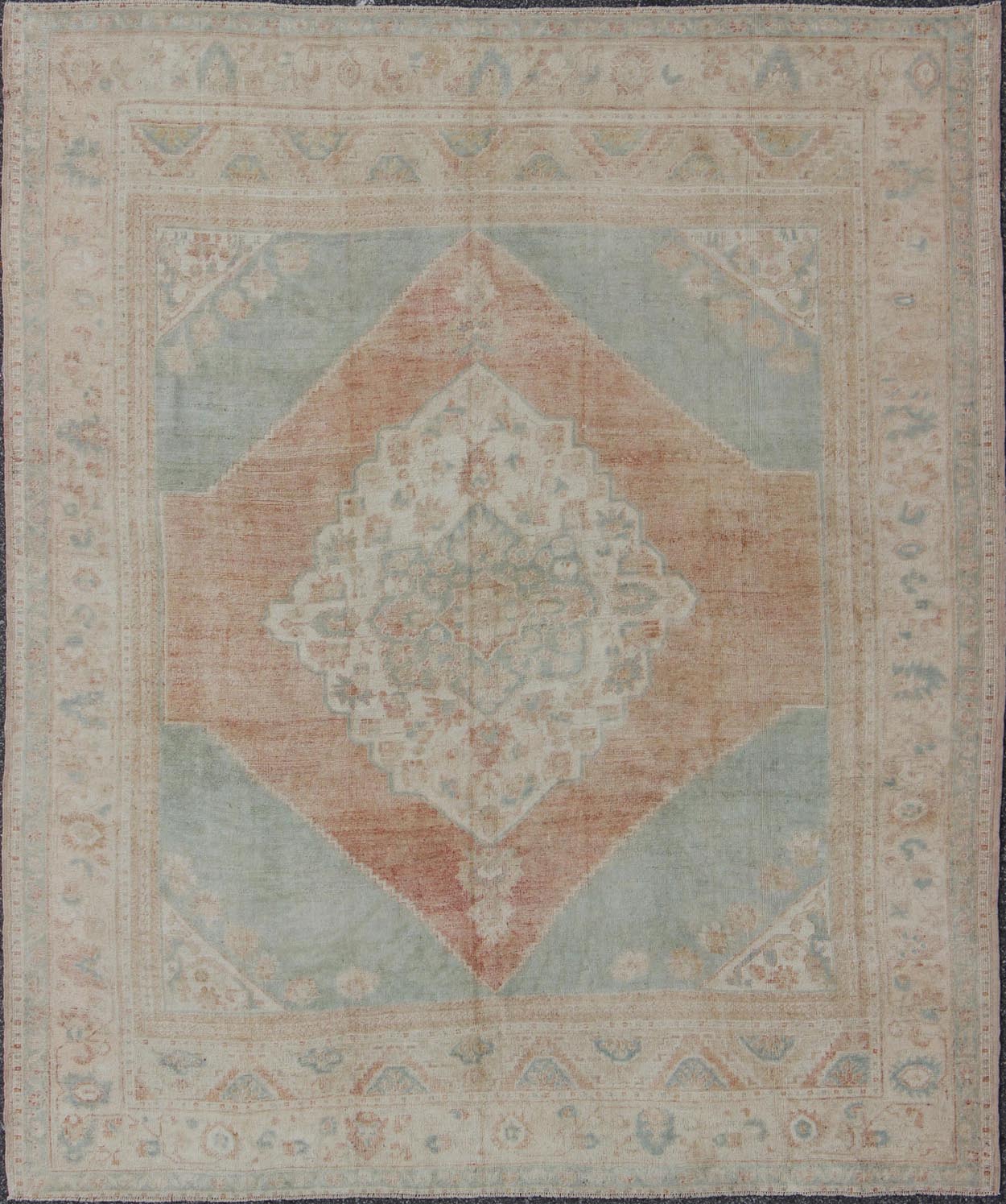 Light blue, topaz, faded grey and rust vintage Turkish Oushak rug in squared shape with layered Medallion, rug en - 4093, country of origin / type: Turkey / Oushak, circa 1930 This striking vintage Turkish Oushak rug bears a faded grey - colored bod... - Keivan Woven ArtsEN - 4093 - 1616Rug