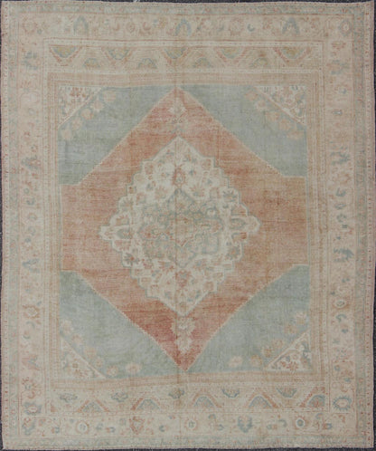Light blue, topaz, faded grey and rust vintage Turkish Oushak rug in squared shape with layered Medallion, rug en - 4093, country of origin / type: Turkey / Oushak, circa 1930 This striking vintage Turkish Oushak rug bears a faded grey - colored bod... - Keivan Woven ArtsEN - 4093 - 1616Rug