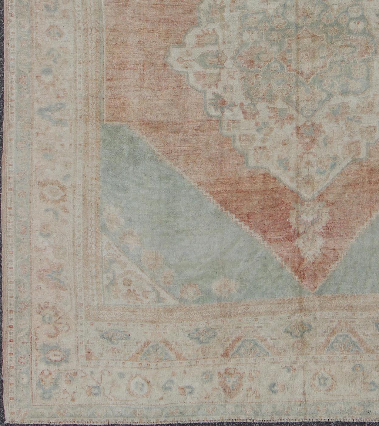 Light blue, topaz, faded grey and rust vintage Turkish Oushak rug in squared shape with layered Medallion, rug en - 4093, country of origin / type: Turkey / Oushak, circa 1930 This striking vintage Turkish Oushak rug bears a faded grey - colored bod... - Keivan Woven ArtsEN - 4093 - 1616Rug