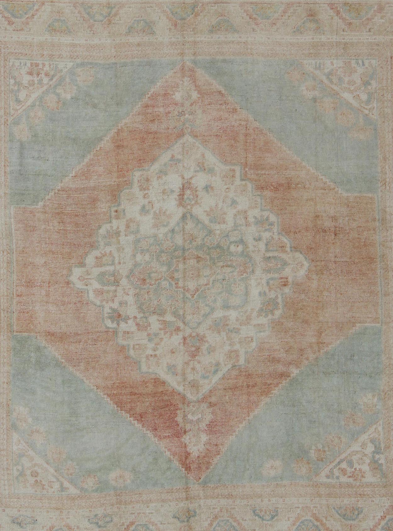 Light blue, topaz, faded grey and rust vintage Turkish Oushak rug in squared shape with layered Medallion, rug en - 4093, country of origin / type: Turkey / Oushak, circa 1930 This striking vintage Turkish Oushak rug bears a faded grey - colored bod... - Keivan Woven ArtsEN - 4093 - 1616Rug