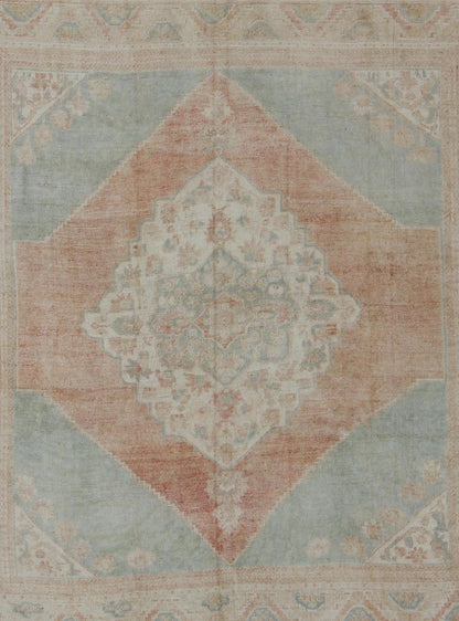 Light blue, topaz, faded grey and rust vintage Turkish Oushak rug in squared shape with layered Medallion, rug en - 4093, country of origin / type: Turkey / Oushak, circa 1930 This striking vintage Turkish Oushak rug bears a faded grey - colored bod... - Keivan Woven ArtsEN - 4093 - 1616Rug