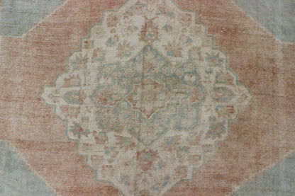 Light blue, topaz, faded grey and rust vintage Turkish Oushak rug in squared shape with layered Medallion, rug en - 4093, country of origin / type: Turkey / Oushak, circa 1930 This striking vintage Turkish Oushak rug bears a faded grey - colored bod... - Keivan Woven ArtsEN - 4093 - 1616Rug