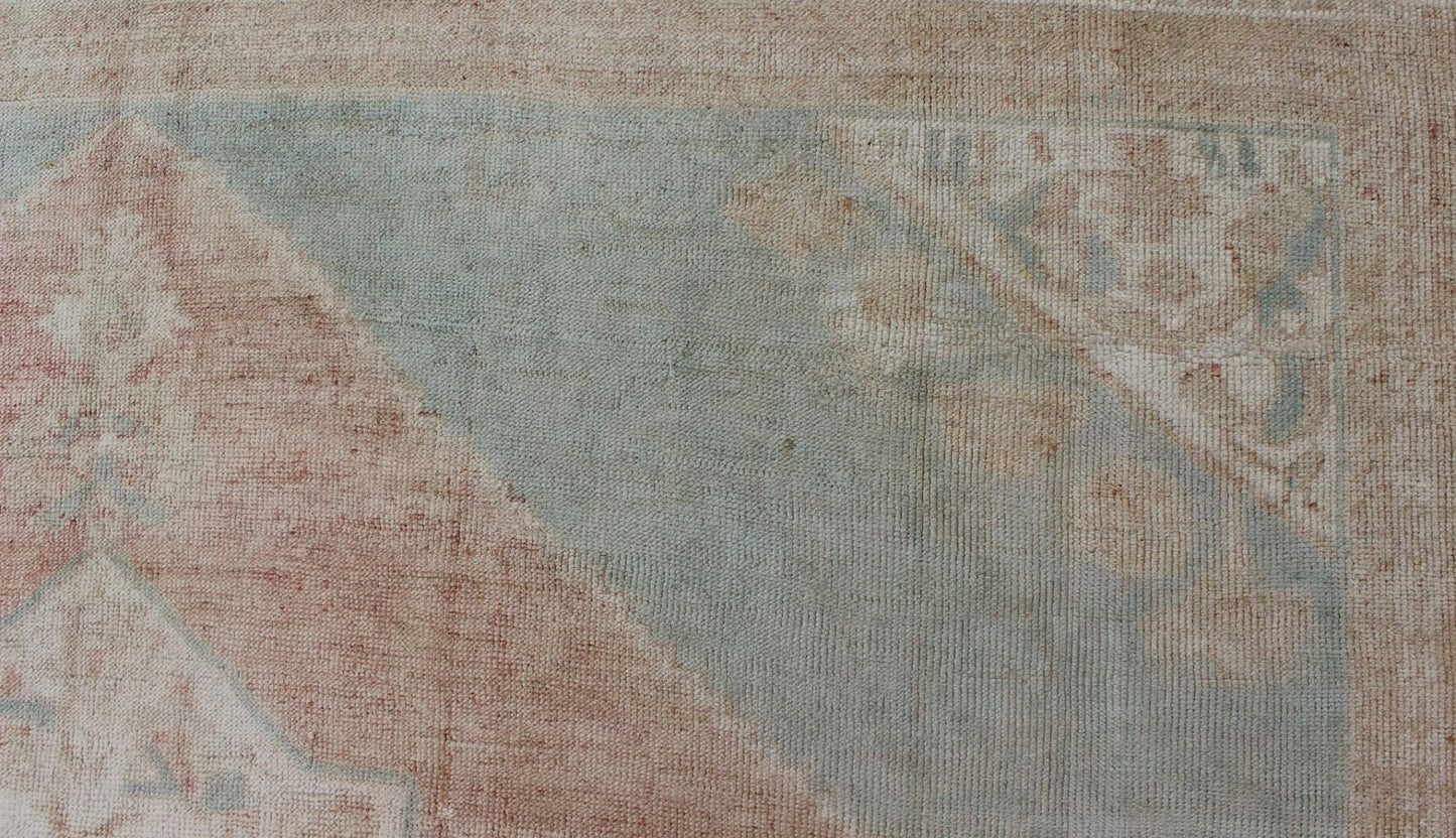 Light blue, topaz, faded grey and rust vintage Turkish Oushak rug in squared shape with layered Medallion, rug en - 4093, country of origin / type: Turkey / Oushak, circa 1930 This striking vintage Turkish Oushak rug bears a faded grey - colored bod... - Keivan Woven ArtsEN - 4093 - 1616Rug