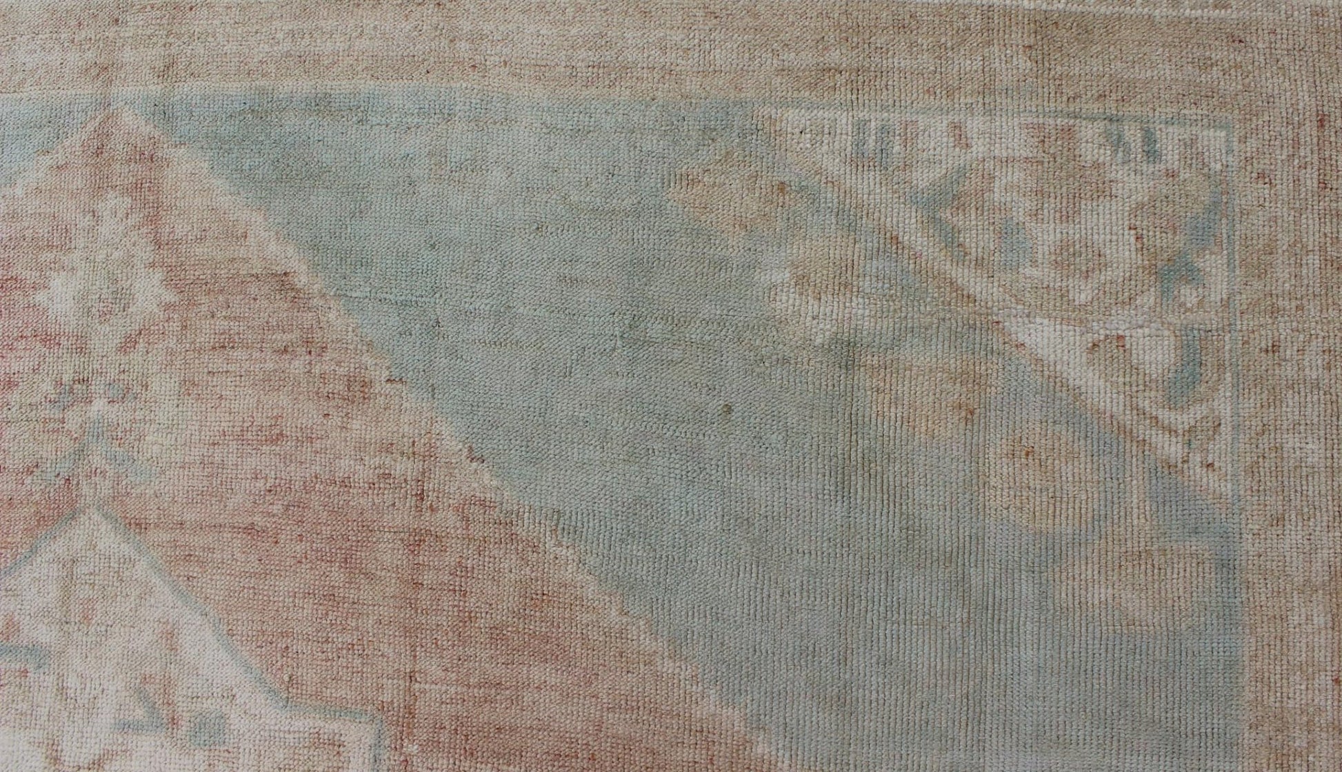 Light blue, topaz, faded grey and rust vintage Turkish Oushak rug in squared shape with layered Medallion, rug en - 4093, country of origin / type: Turkey / Oushak, circa 1930 This striking vintage Turkish Oushak rug bears a faded grey - colored bod... - Keivan Woven ArtsEN - 4093 - 1616Rug