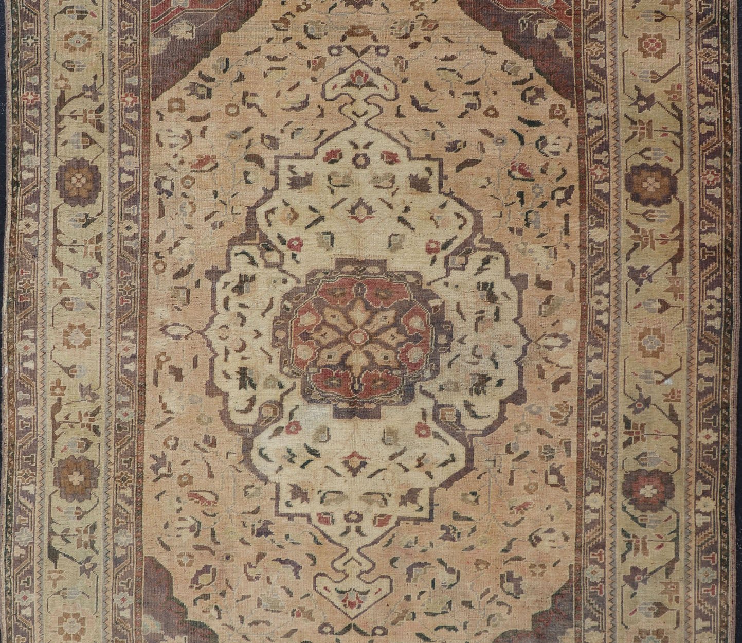 Turkish Oushak Rug Vintage with Layered Medallion in Ivory, Red, Blue and Olive, rug en - 421, country of origin / type: Turkey / Oushak, circa mid - 20th century This vintage Turkish Oushak rug (circa mid - 20th century) features a unique blend of co... - Keivan Woven ArtsEN - 421 - 4824Rug