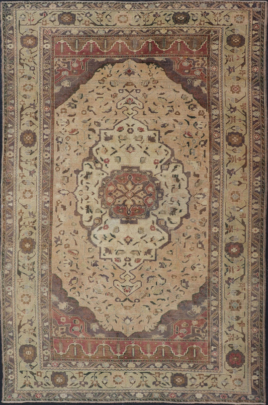Turkish Oushak Rug Vintage with Layered Medallion in Ivory, Red, Blue and Olive, rug en - 421, country of origin / type: Turkey / Oushak, circa mid - 20th century This vintage Turkish Oushak rug (circa mid - 20th century) features a unique blend of co... - Keivan Woven ArtsEN - 421 - 4824