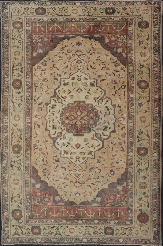 Turkish Oushak Rug Vintage with Layered Medallion in Ivory, Red, Blue and Olive, rug en - 421, country of origin / type: Turkey / Oushak, circa mid - 20th century This vintage Turkish Oushak rug (circa mid - 20th century) features a unique blend of co... - Keivan Woven ArtsEN - 421 - 4824Rug