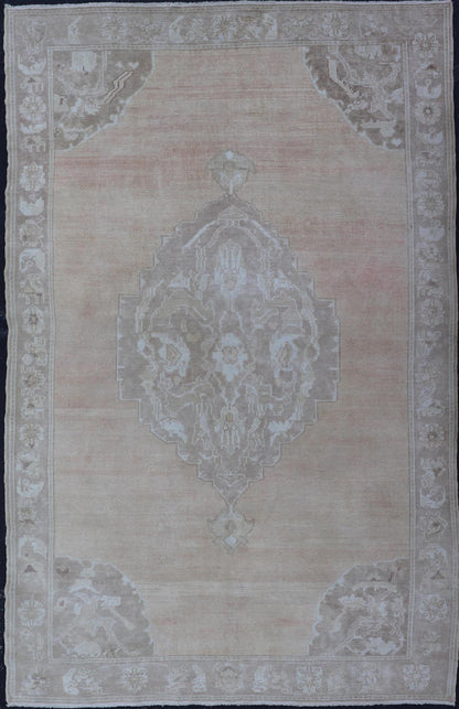 Vintage Turkish Oushak Rug with Floral Medallion in Faded Orange and Light Brown Vintage Hand Knotted Turkish Oushak rug with ornate floral medallion in faded orange, camel and light brown, Keivan Woven Arts / rug en - 4544, country of origin ... - Keivan Woven ArtsEN - 4544 - 1630Rug