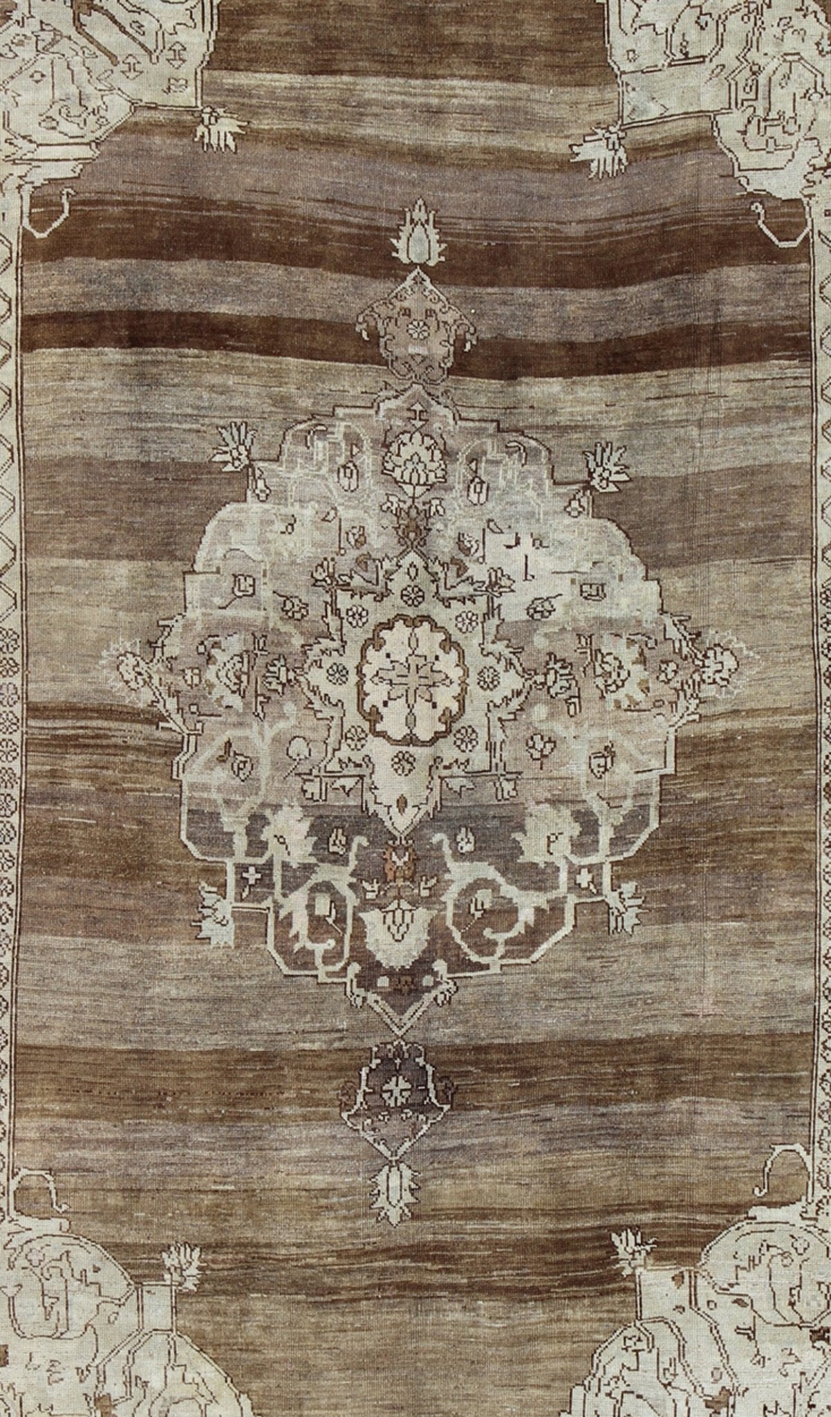 Unique Turkish Kars Carpet in Brown, Gray,and Ivory This striking and unique carpet combines a traditional center field with an Art Deco border and features a color palette including brown, cream, and ivory. Measures: 8'0 x 12'5. - Keivan Woven ArtsEN - 4607 - 1636Rug