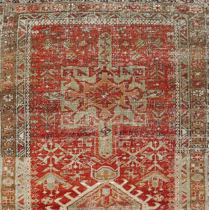 Measures: 2'8 x 10'6 Antique Persian Heriz Distressed Runner with Geometric Medallions in Soft Colors. rug EN - 4651, country of origin / type: Iran / Heriz, circa 1920 This antique Persian Heriz runner, from northwest Iran, displays a geometr... - Keivan Woven ArtsEN - 4651 - 19881Rug