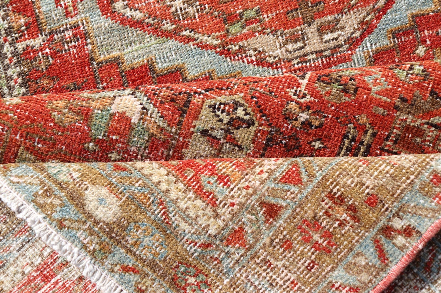 Measures: 2'8 x 10'6 Antique Persian Heriz Distressed Runner with Geometric Medallions in Soft Colors. rug EN - 4651, country of origin / type: Iran / Heriz, circa 1920 This antique Persian Heriz runner, from northwest Iran, displays a geometr... - Keivan Woven ArtsEN - 4651 - 19881Rug