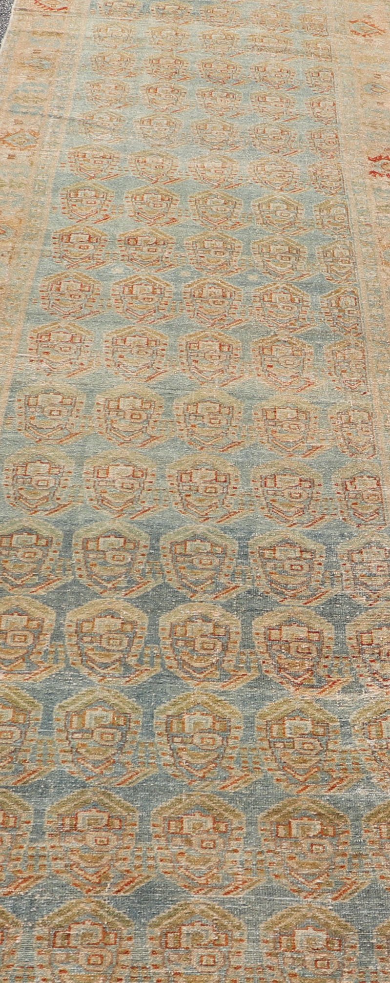 Measures: 3'8 x 16'7 Antique Persian Malayer Runner with Paisley Design in Light Blue Background. Keivan Woven Arts / rug EN - 4652, country of origin / type: Iran / Malayer, circa 1920. This antique Persian Malayer Gallery runner relies heavi... - Keivan Woven ArtsEN - 4652 - 22944Rug