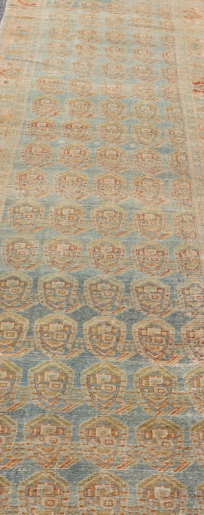 Measures: 3'8 x 16'7 Antique Persian Malayer Runner with Paisley Design in Light Blue Background. Keivan Woven Arts / rug EN - 4652, country of origin / type: Iran / Malayer, circa 1920. This antique Persian Malayer Gallery runner relies heavi... - Keivan Woven ArtsEN - 4652 - 22944Rug